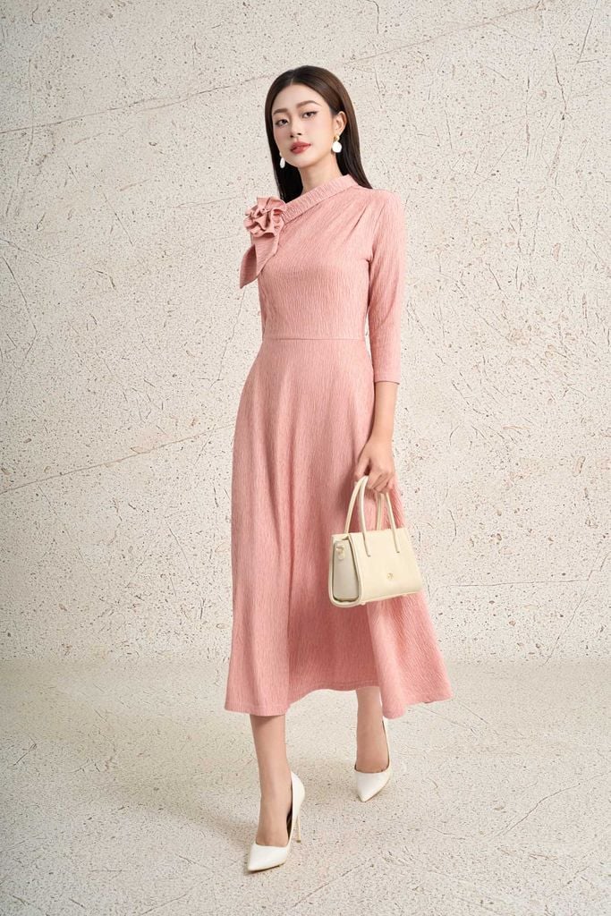 FDC95430 - Đầm công sở dáng ôm cổ lệch phối khoa tạo kiểu thân váy suông A thời trang khoá thân sau - PANTIO