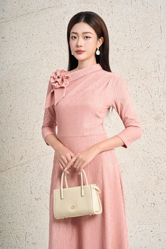 FDC95430 - Đầm công sở dáng ôm cổ lệch phối khoa tạo kiểu thân váy suông A thời trang khoá thân sau - PANTIO