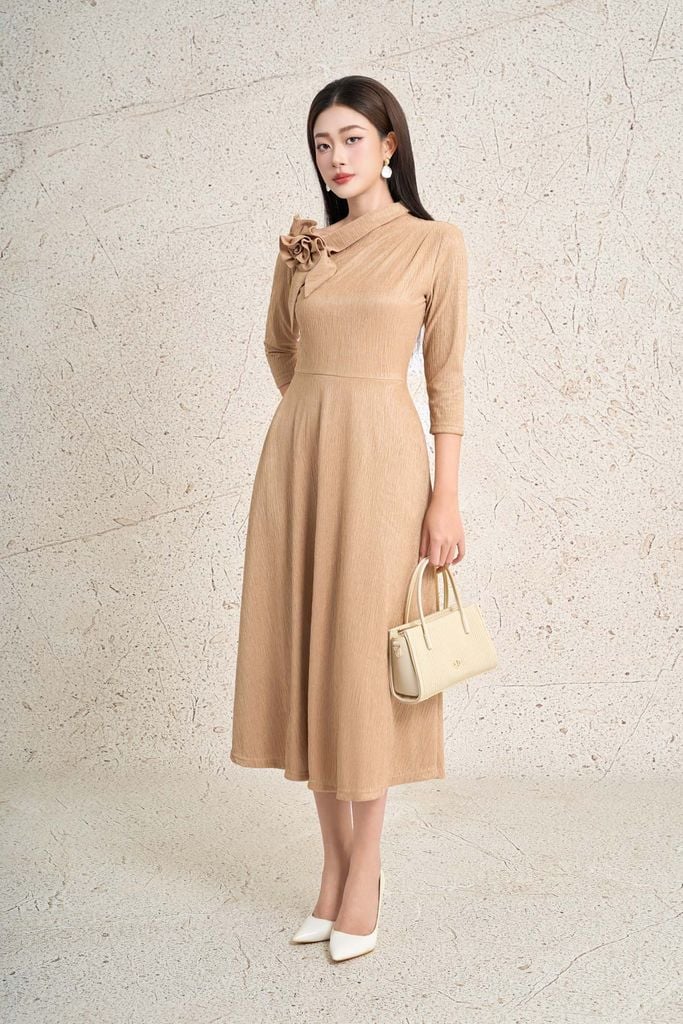 FDC95430 - Đầm công sở dáng ôm cổ lệch phối khoa tạo kiểu thân váy suông A thời trang khoá thân sau - PANTIO