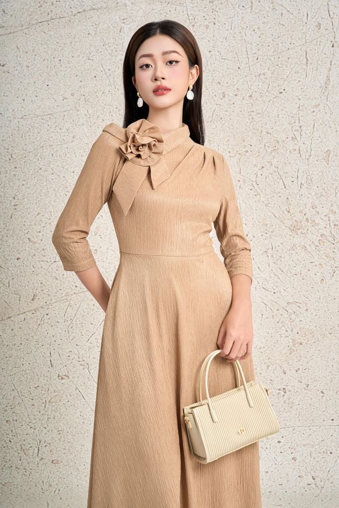 FDC95430 - Đầm công sở dáng ôm cổ lệch phối khoa tạo kiểu thân váy suông A thời trang khoá thân sau - PANTIO