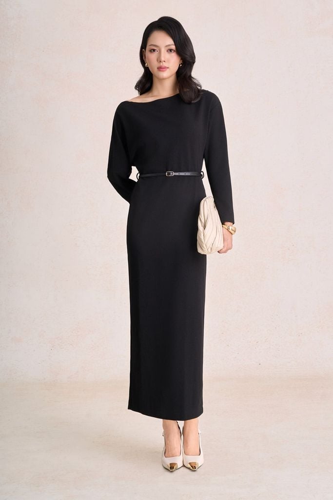 FDC95611 - Đầm công sở vải cotton dáng suông cổ lệch tay dài eo phối dây đai tạo kiểu khoá thân sau - PANTIO