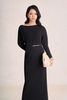 FDC95611 - Đầm công sở vải cotton dáng suông cổ lệch tay dài eo phối dây đai tạo kiểu khoá thân sau - PANTIO