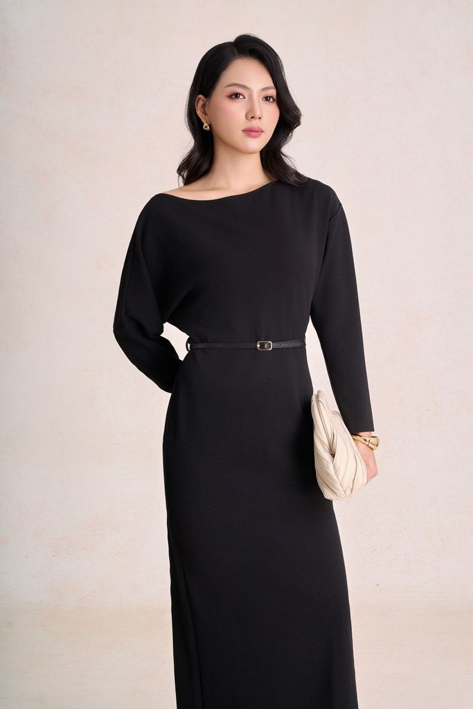 FDC95611 - Đầm công sở vải cotton dáng suông cổ lệch tay dài eo phối dây đai tạo kiểu khoá thân sau - PANTIO