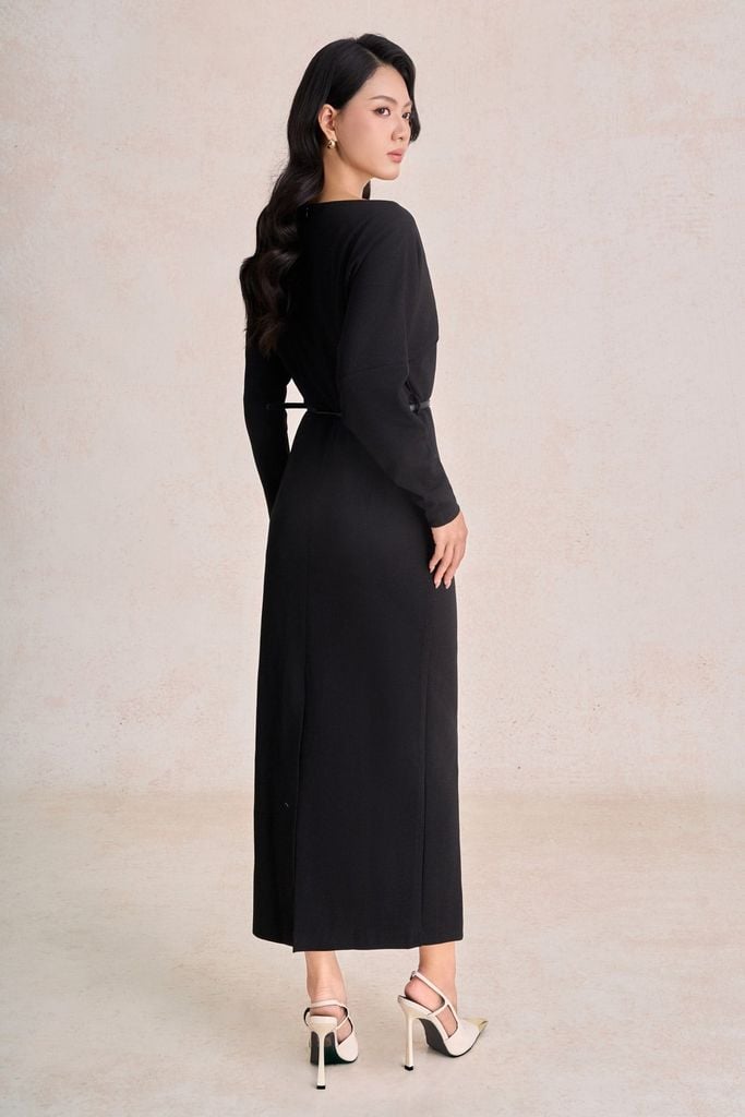 FDC95611 - Đầm công sở vải cotton dáng suông cổ lệch tay dài eo phối dây đai tạo kiểu khoá thân sau - PANTIO