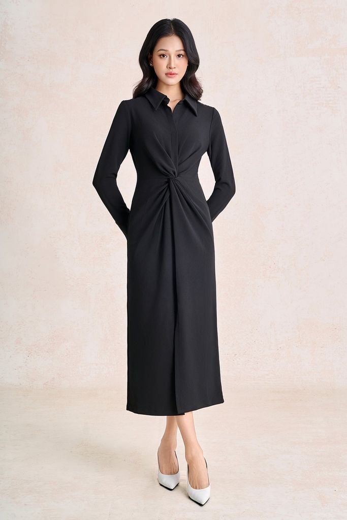 FDC95639 - Đầm công sở vải cotton cổ bẻ tay dài thân váy vặn xoắn tạo kiểu khoá thân sau - PANTIO