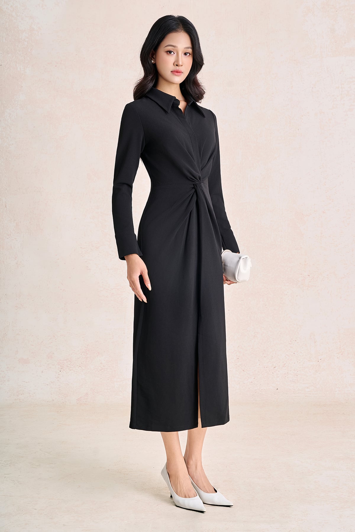 FDC95639 - Đầm công sở vải cotton cổ bẻ tay dài thân váy vặn xoắn tạo kiểu khoá thân sau - PANTIO