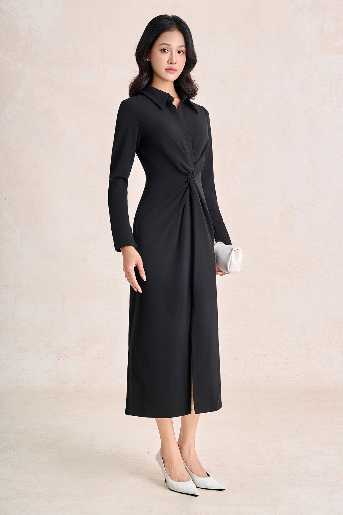 FDC95639 - Đầm công sở vải cotton cổ bẻ tay dài thân váy vặn xoắn tạo kiểu khoá thân sau - PANTIO
