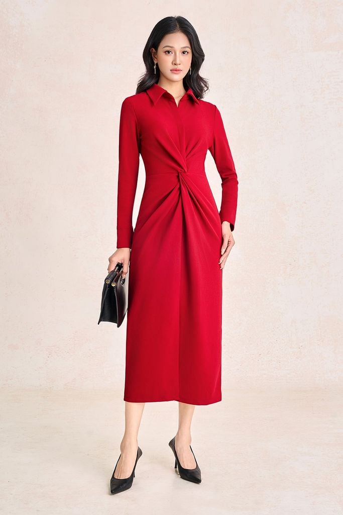 FDC95639 - Đầm công sở vải cotton cổ bẻ tay dài thân váy vặn xoắn tạo kiểu khoá thân sau - PANTIO