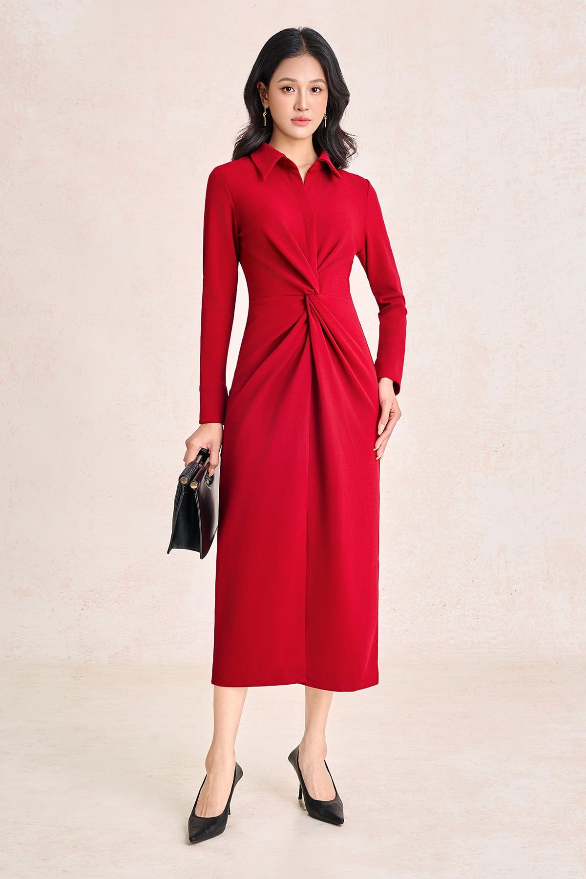 FDC95639 - Đầm công sở vải cotton cổ bẻ tay dài thân váy vặn xoắn tạo kiểu khoá thân sau - PANTIO