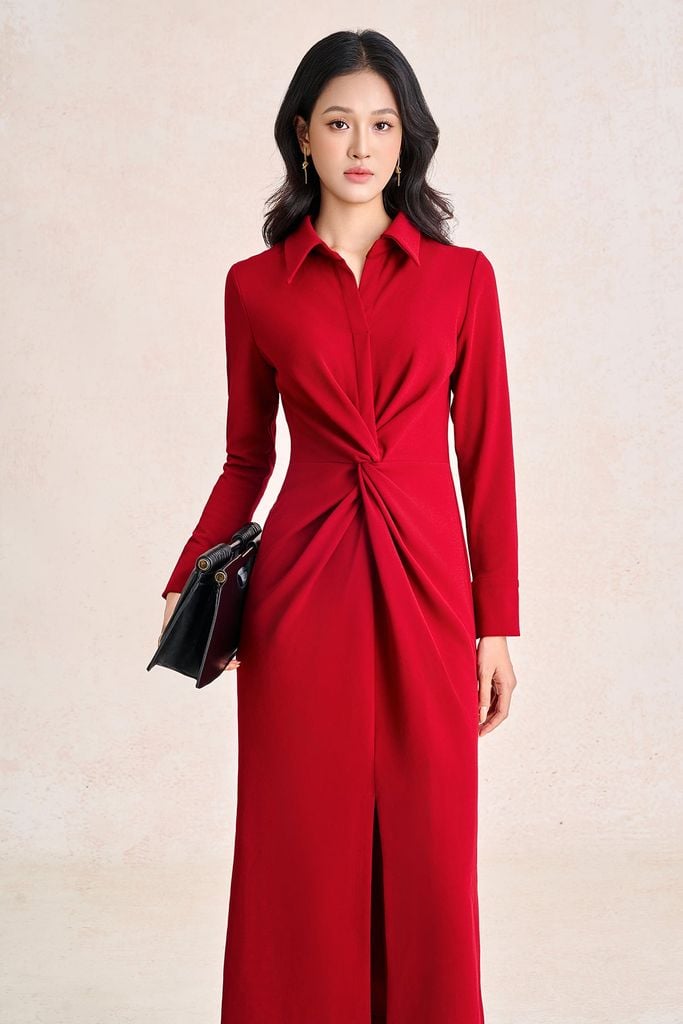 FDC95639 - Đầm công sở vải cotton cổ bẻ tay dài thân váy vặn xoắn tạo kiểu khoá thân sau - PANTIO