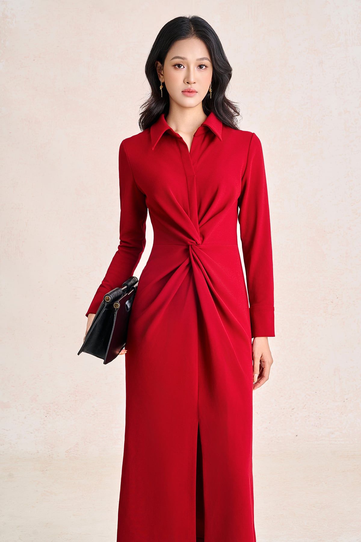 FDC95639 - Đầm công sở vải cotton cổ bẻ tay dài thân váy vặn xoắn tạo kiểu khoá thân sau - PANTIO