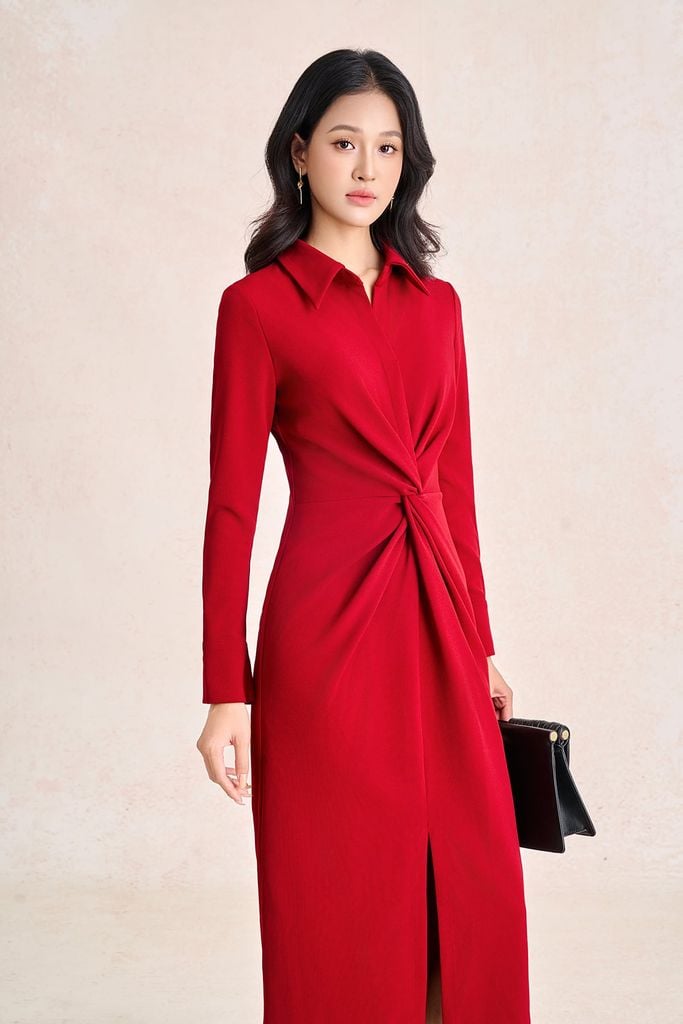 FDC95639 - Đầm công sở vải cotton cổ bẻ tay dài thân váy vặn xoắn tạo kiểu khoá thân sau - PANTIO