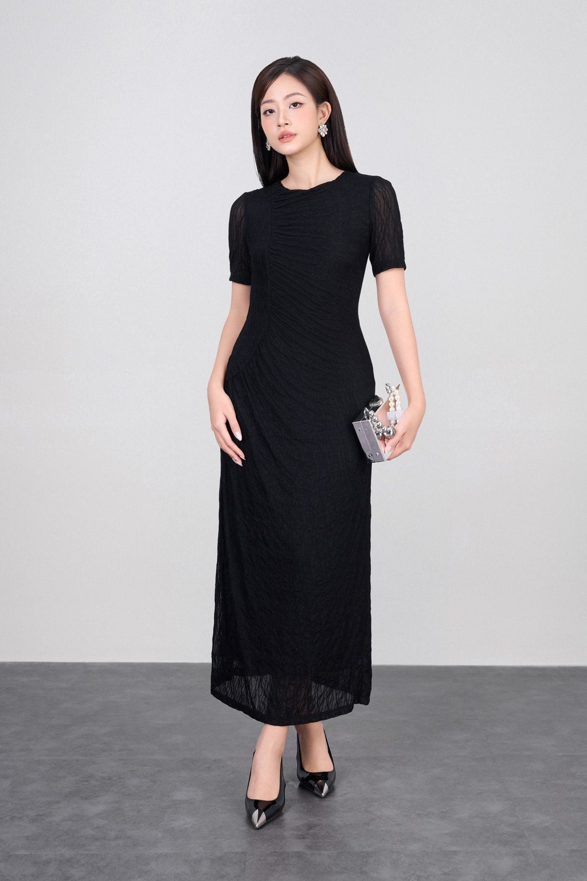 FDD3175 - Đầm dệt kim vải lưới dáng ôm cổ tròn tay ngắn thân váy phối nhún thời trang - PANTIO