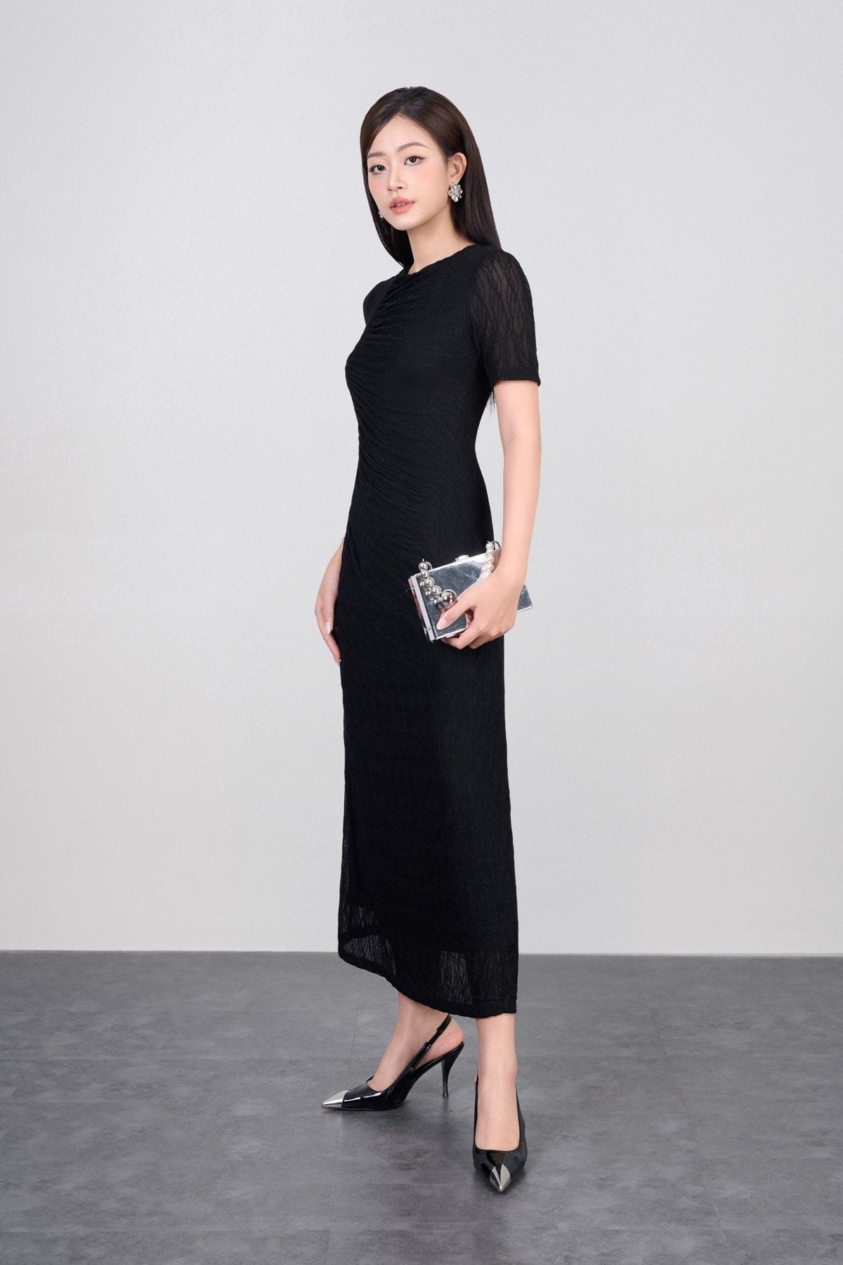 FDD3175 - Đầm dệt kim vải lưới dáng ôm cổ tròn tay ngắn thân váy phối nhún thời trang - PANTIO