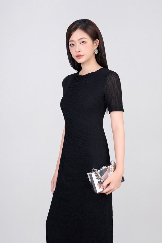 FDD3175 - Đầm dệt kim vải lưới dáng ôm cổ tròn tay ngắn thân váy phối nhún thời trang - PANTIO