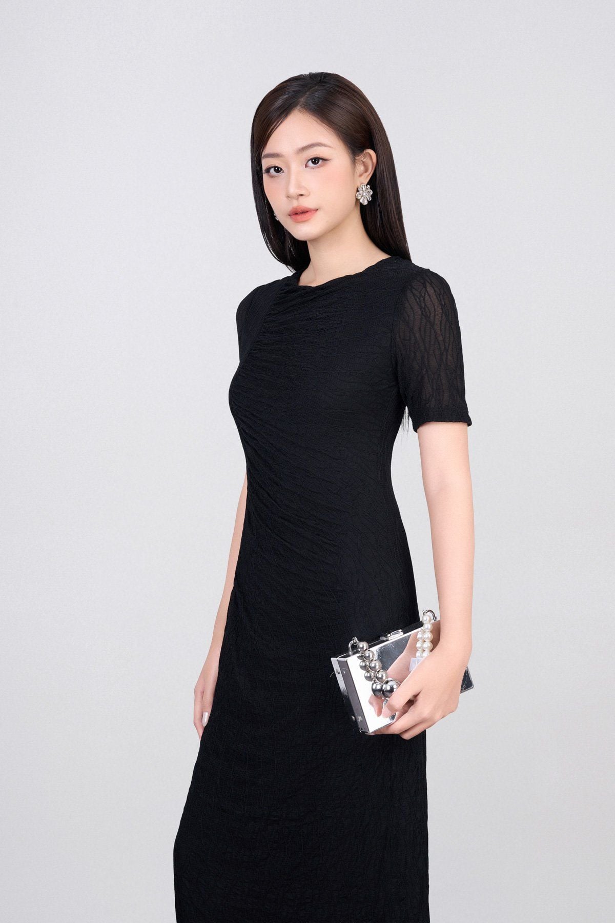 FDD3175 - Đầm dệt kim vải lưới dáng ôm cổ tròn tay ngắn thân váy phối nhún thời trang - PANTIO