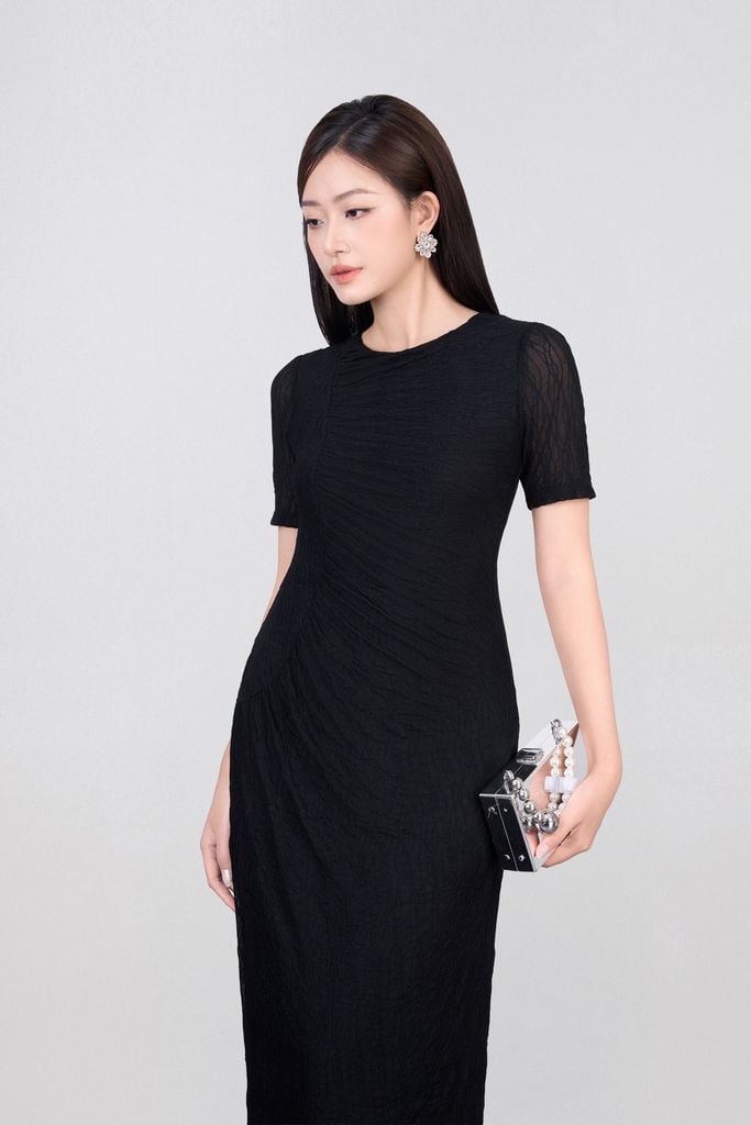 FDD3175 - Đầm dệt kim vải lưới dáng ôm cổ tròn tay ngắn thân váy phối nhún thời trang - PANTIO