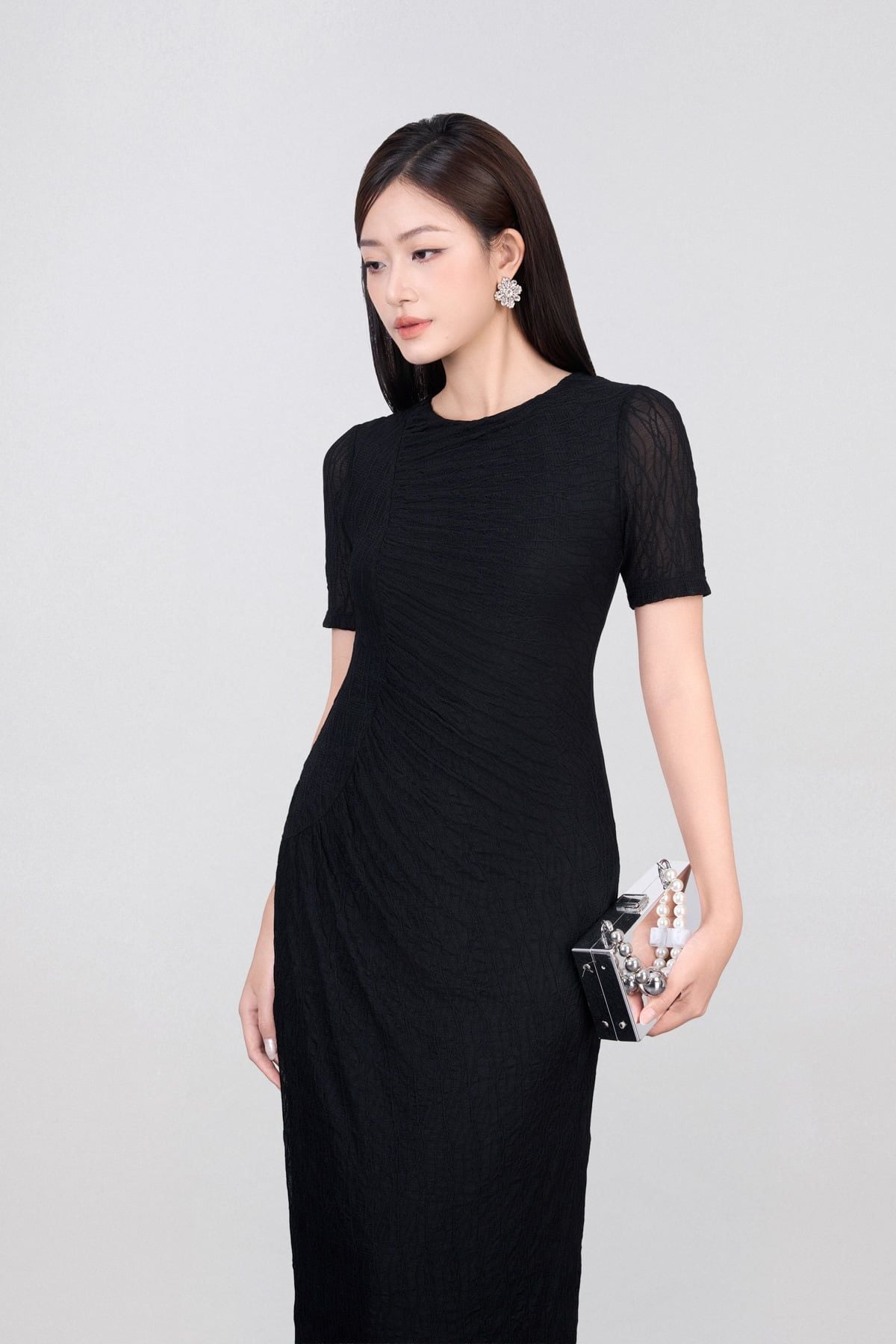 FDD3175 - Đầm dệt kim vải lưới dáng ôm cổ tròn tay ngắn thân váy phối nhún thời trang - PANTIO