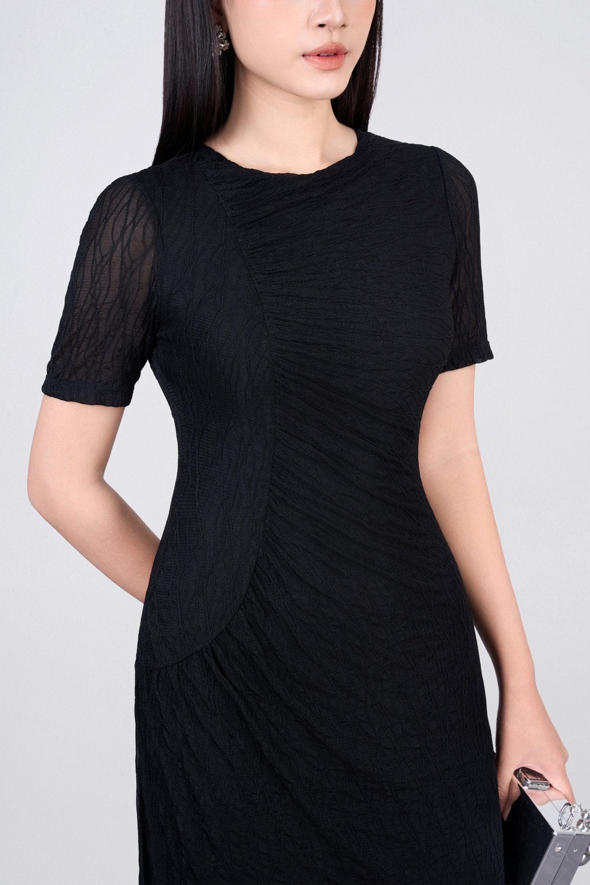 FDD3175 - Đầm dệt kim vải lưới dáng ôm cổ tròn tay ngắn thân váy phối nhún thời trang - PANTIO