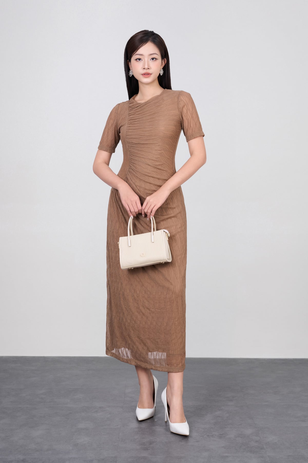 FDD3175 - Đầm dệt kim vải lưới dáng ôm cổ tròn tay ngắn thân váy phối nhún thời trang - PANTIO