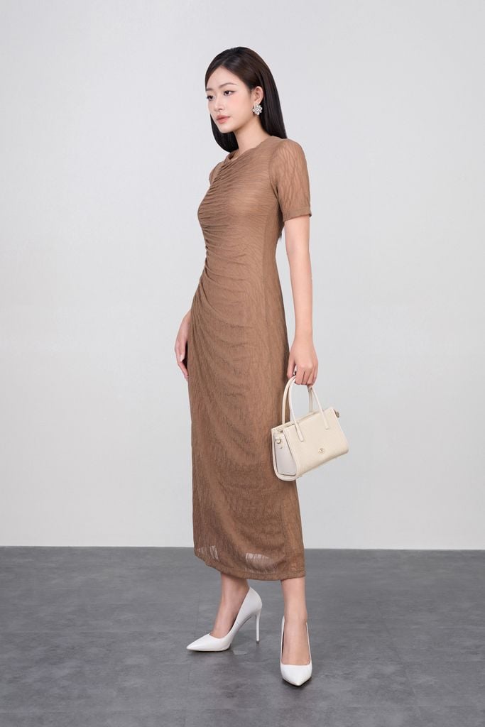 FDD3175 - Đầm dệt kim vải lưới dáng ôm cổ tròn tay ngắn thân váy phối nhún thời trang - PANTIO