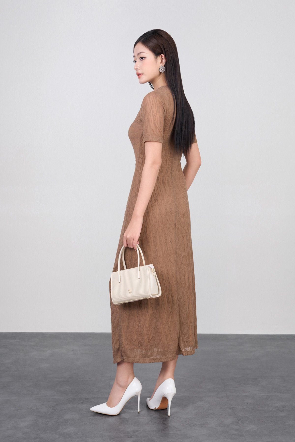 FDD3175 - Đầm dệt kim vải lưới dáng ôm cổ tròn tay ngắn thân váy phối nhún thời trang - PANTIO