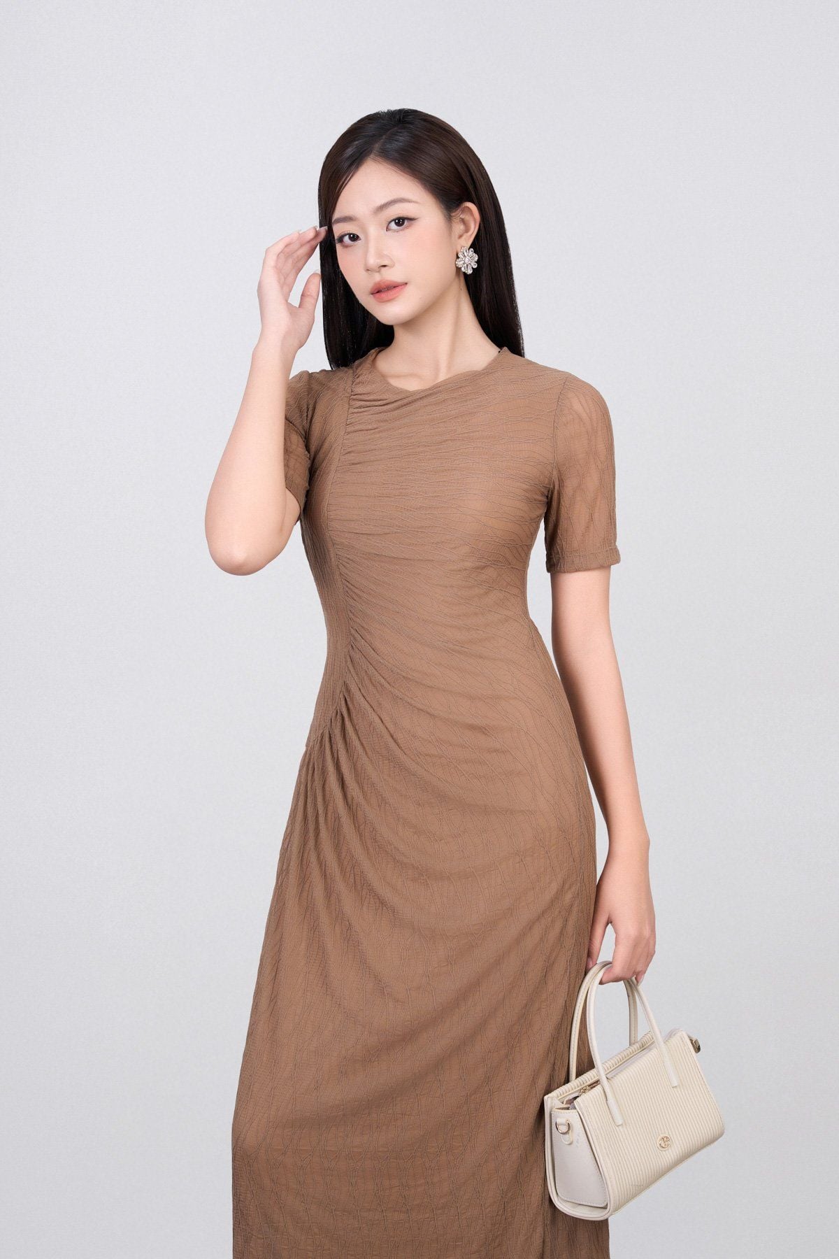 FDD3175 - Đầm dệt kim vải lưới dáng ôm cổ tròn tay ngắn thân váy phối nhún thời trang - PANTIO