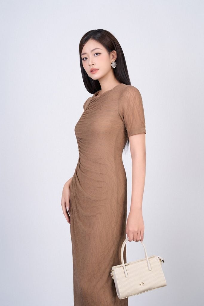 FDD3175 - Đầm dệt kim vải lưới dáng ôm cổ tròn tay ngắn thân váy phối nhún thời trang - PANTIO