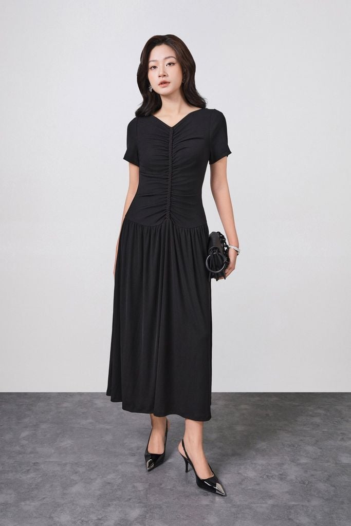 FDD3180 - Đầm dệt kim vải len co giãn dáng ôm cổ xẻ V tay ngắn ngực phối nhún tạo kiểu - PANTIO