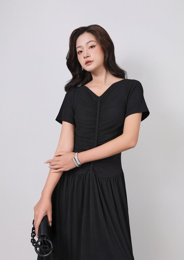 FDD3180 - Đầm dệt kim vải len co giãn dáng ôm cổ xẻ V tay ngắn ngực phối nhún tạo kiểu - PANTIO