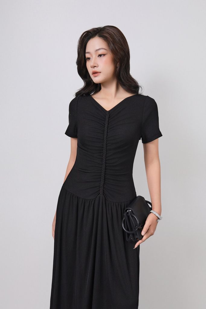 FDD3180 - Đầm dệt kim vải len co giãn dáng ôm cổ xẻ V tay ngắn ngực phối nhún tạo kiểu - PANTIO