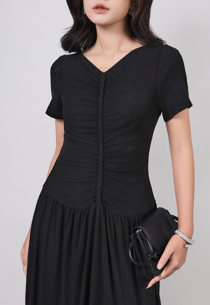 FDD3180 - Đầm dệt kim vải len co giãn dáng ôm cổ xẻ V tay ngắn ngực phối nhún tạo kiểu - PANTIO