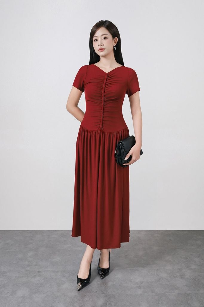 FDD3180 - Đầm dệt kim vải len co giãn dáng ôm cổ xẻ V tay ngắn ngực phối nhún tạo kiểu - PANTIO