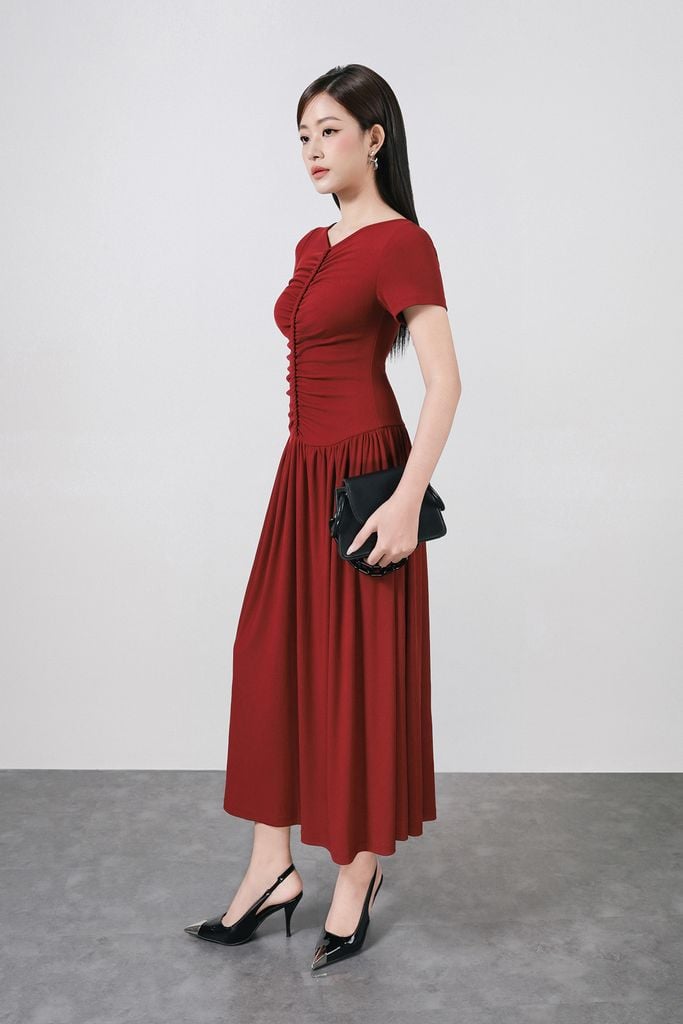 FDD3180 - Đầm dệt kim vải len co giãn dáng ôm cổ xẻ V tay ngắn ngực phối nhún tạo kiểu - PANTIO