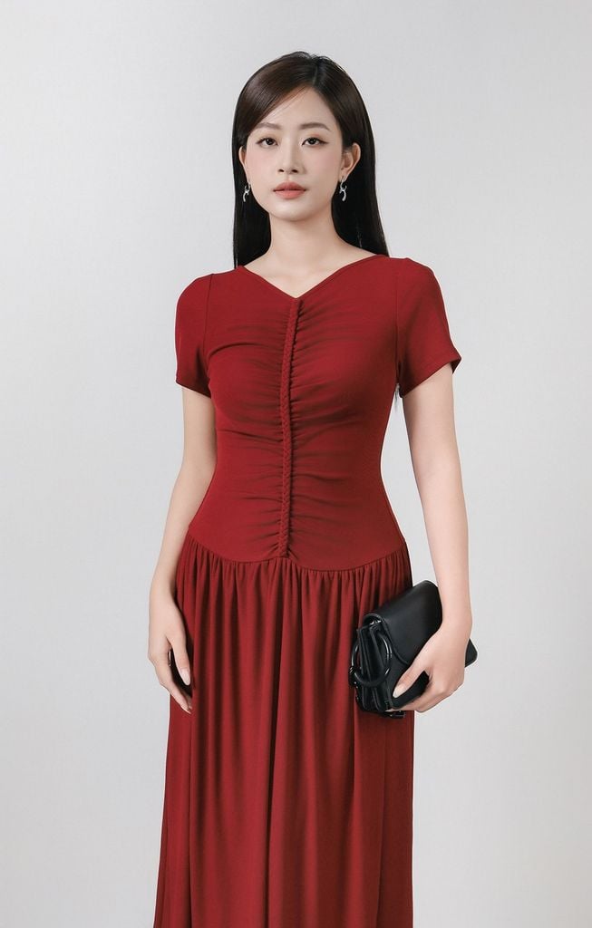 FDD3180 - Đầm dệt kim vải len co giãn dáng ôm cổ xẻ V tay ngắn ngực phối nhún tạo kiểu - PANTIO