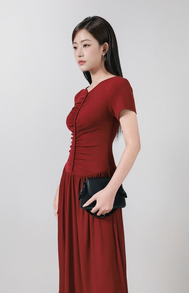 FDD3180 - Đầm dệt kim vải len co giãn dáng ôm cổ xẻ V tay ngắn ngực phối nhún tạo kiểu - PANTIO