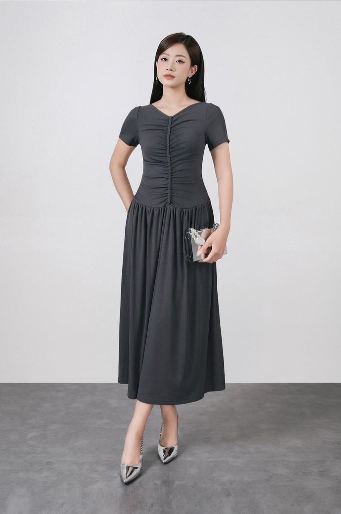 FDD3180 - Đầm dệt kim vải len co giãn dáng ôm cổ xẻ V tay ngắn ngực phối nhún tạo kiểu - PANTIO