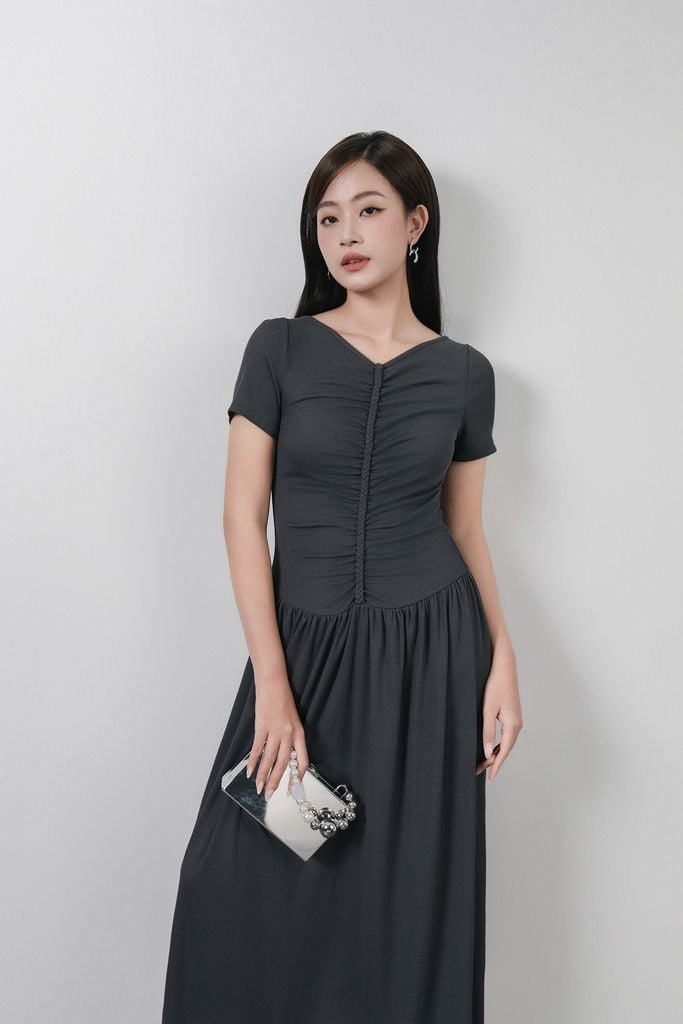 FDD3180 - Đầm dệt kim vải len co giãn dáng ôm cổ xẻ V tay ngắn ngực phối nhún tạo kiểu - PANTIO