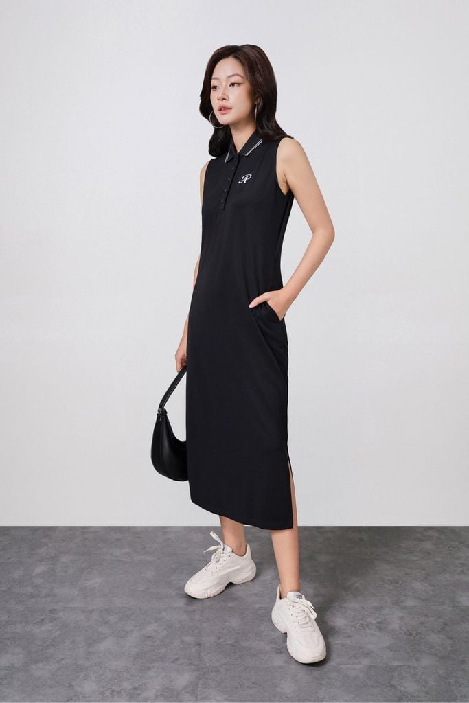 FDD3191 - Đầm dệt kim vải cotton cao cấp dáng suông cổ polo không tay ngực áo thêu hoạ tiết thời trang - PANTIO