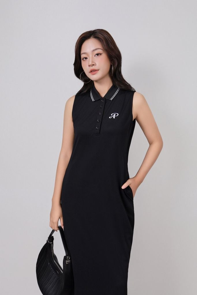 FDD3191 - Đầm dệt kim vải cotton cao cấp dáng suông cổ polo không tay ngực áo thêu hoạ tiết thời trang - PANTIO