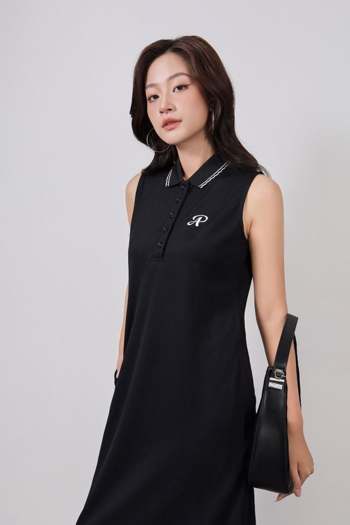 FDD3191 - Đầm dệt kim vải cotton cao cấp dáng suông cổ polo không tay ngực áo thêu hoạ tiết thời trang - PANTIO