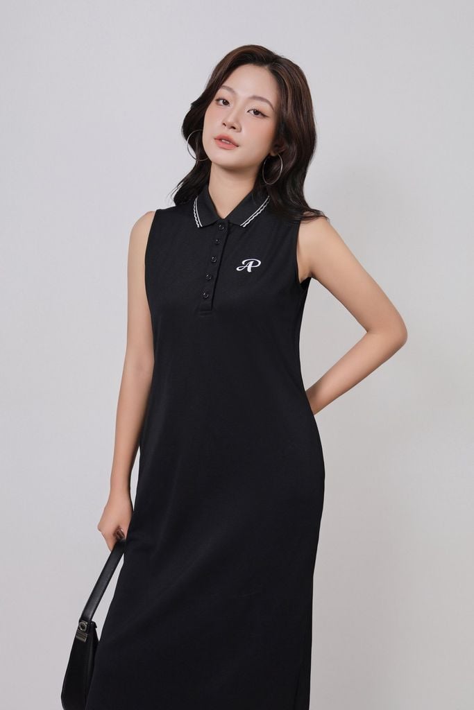 FDD3191 - Đầm dệt kim vải cotton cao cấp dáng suông cổ polo không tay ngực áo thêu hoạ tiết thời trang - PANTIO