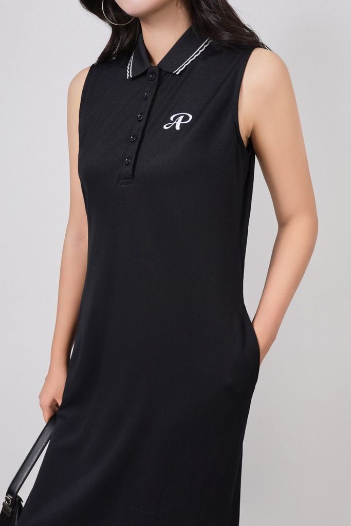 FDD3191 - Đầm dệt kim vải cotton cao cấp dáng suông cổ polo không tay ngực áo thêu hoạ tiết thời trang - PANTIO