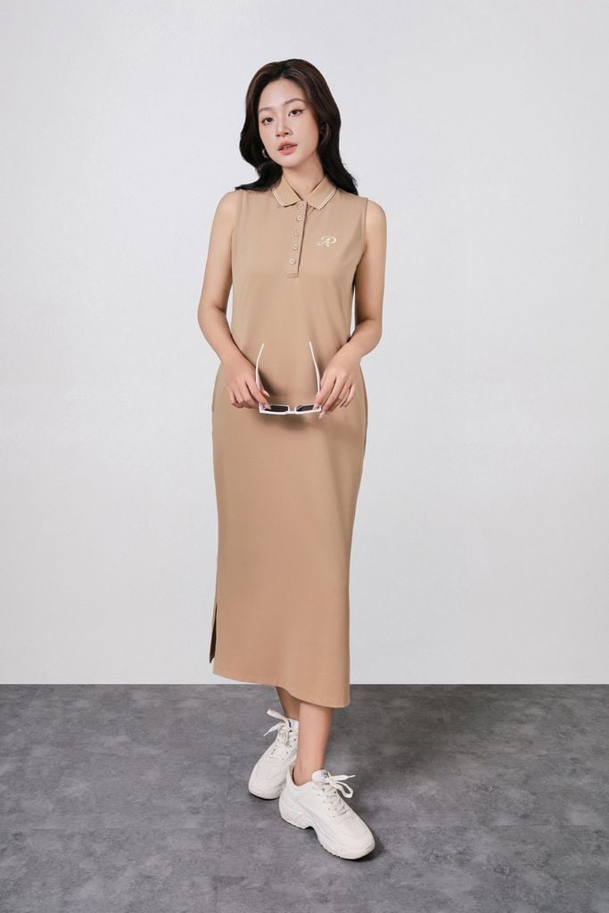 FDD3191 - Đầm dệt kim vải cotton cao cấp dáng suông cổ polo không tay ngực áo thêu hoạ tiết thời trang - PANTIO