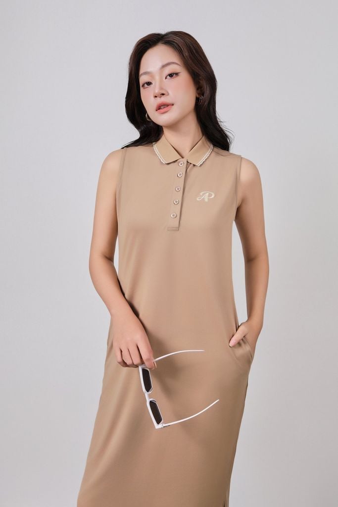 FDD3191 - Đầm dệt kim vải cotton cao cấp dáng suông cổ polo không tay ngực áo thêu hoạ tiết thời trang - PANTIO
