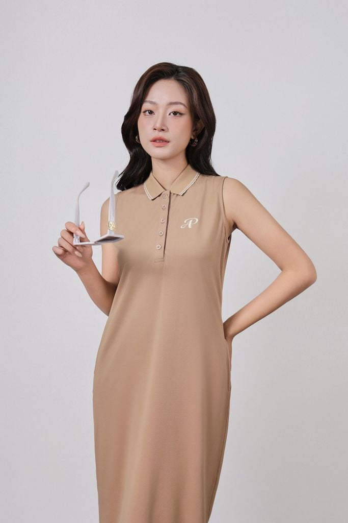 FDD3191 - Đầm dệt kim vải cotton cao cấp dáng suông cổ polo không tay ngực áo thêu hoạ tiết thời trang - PANTIO
