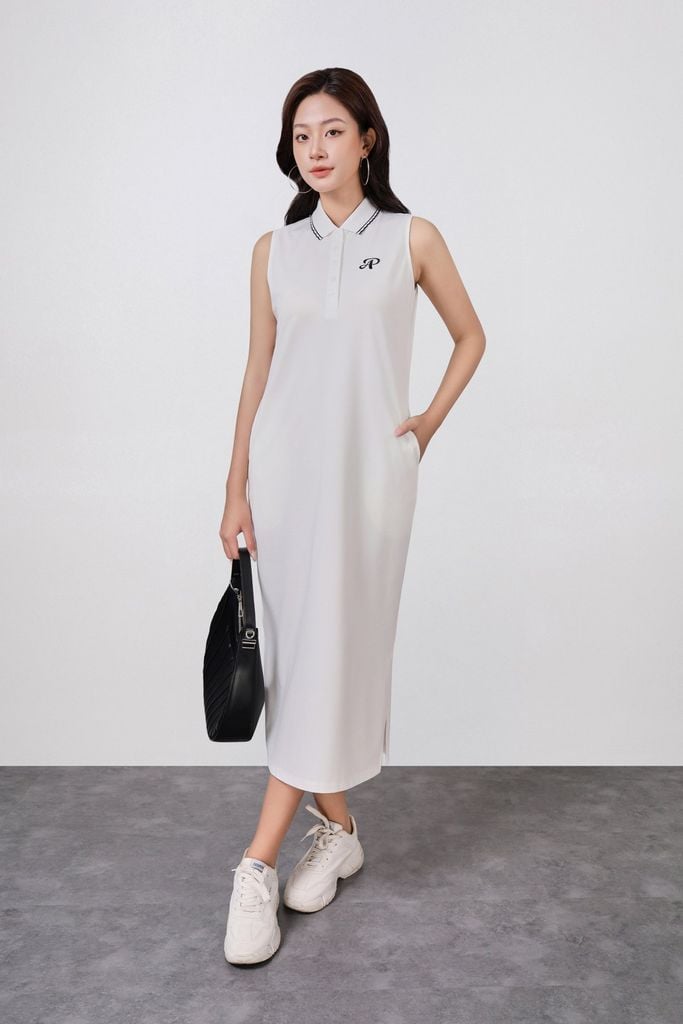 FDD3191 - Đầm dệt kim vải cotton cao cấp dáng suông cổ polo không tay ngực áo thêu hoạ tiết thời trang - PANTIO