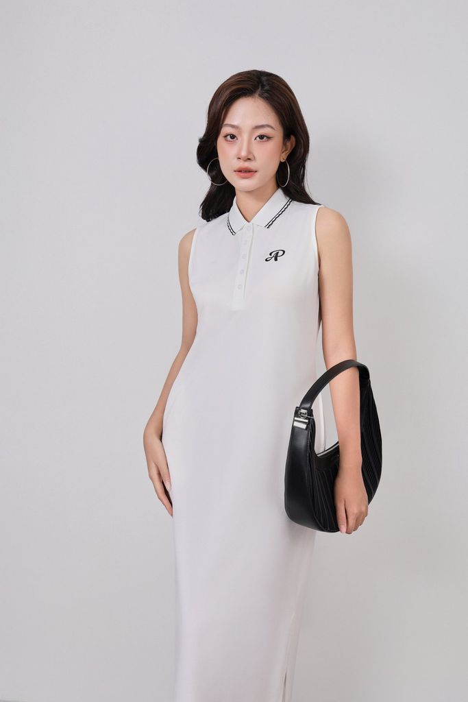 FDD3191 - Đầm dệt kim vải cotton cao cấp dáng suông cổ polo không tay ngực áo thêu hoạ tiết thời trang - PANTIO