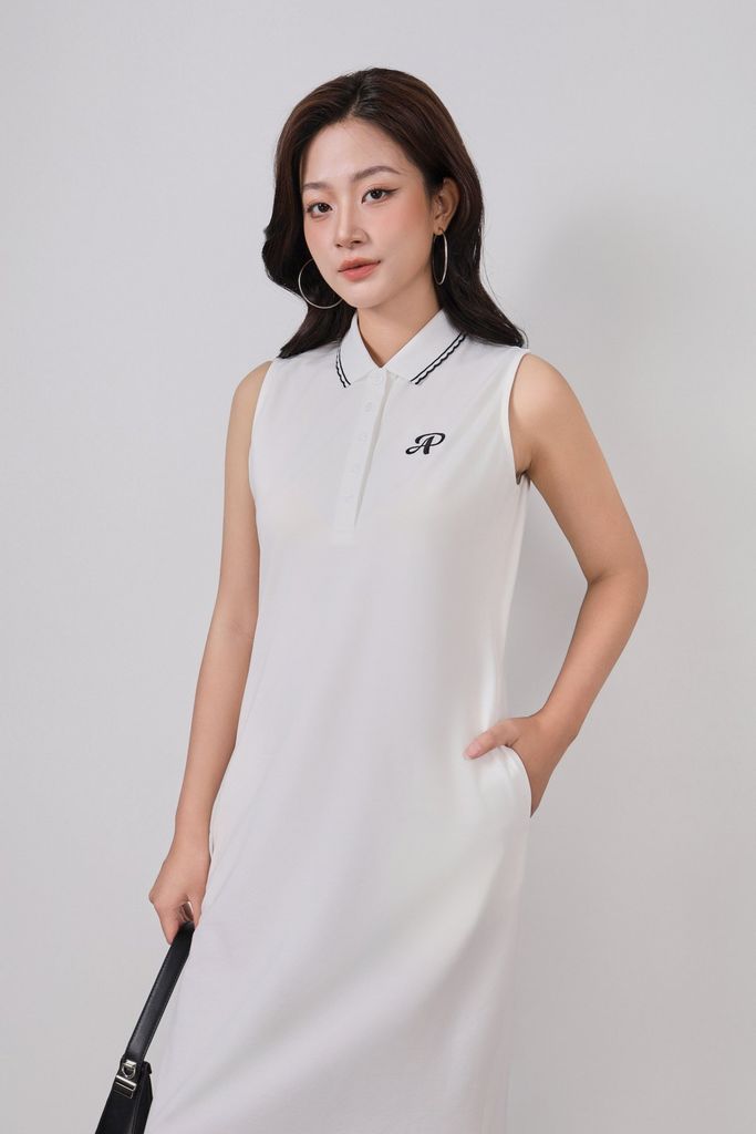 FDD3191 - Đầm dệt kim vải cotton cao cấp dáng suông cổ polo không tay ngực áo thêu hoạ tiết thời trang - PANTIO