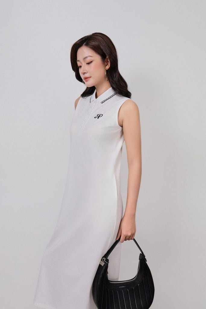 FDD3191 - Đầm dệt kim vải cotton cao cấp dáng suông cổ polo không tay ngực áo thêu hoạ tiết thời trang - PANTIO